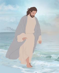 a painting of jesus walking on the beach