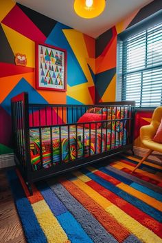 a baby's room with colorful walls and rugs