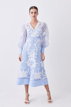 Petite Applique Organdie Buttoned Woven Maxi Dress | Karen Millen Latest Maxi Dresses, Maxi Dress Designs, Maxi Dress Collection, Floral Applique, Blue Midi Dress, Maxi Dress Blue, Karen Millen, Race Day, Petite Dresses