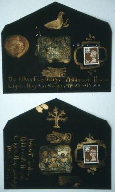 two black plaques with gold designs on them