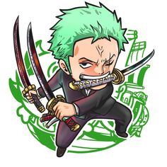 an anime character with green hair holding two swords in his hands and wearing a black suit