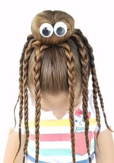 Girls School Hairstyles, Easy Hairstyles For School, Wacky Hair Days, Crazy Hair Day, Wacky Hair, Crazy Hair Day At School, Cornrow, Crazy Hair Days, Googly Eyes