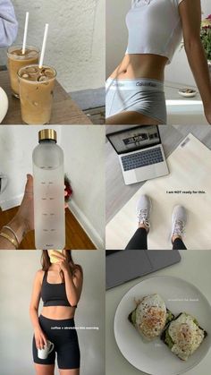 a collage of photos showing different types of food and drinks, including water, coffee, laptop, cell phone, woman's legs