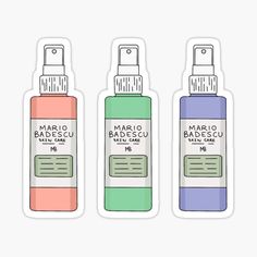 three bottles of mario badesu sticker on a white background, with the words mario badesu in different colors