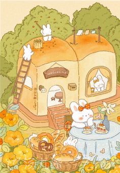 an illustration of two rabbits sitting at a table in front of a yummy hut