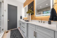 A black 1 panel door in a modern organic bathroom Modern Organic Bathroom, Organic Bathroom, Modern Organic, Lincoln Park