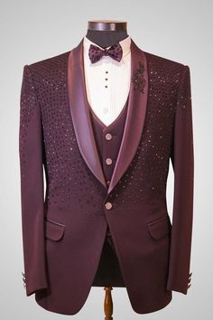 Elevate your formal look with our exquisite maroon tuxedo set. This three-piece ensemble is meticulously hand-embroidered, adding a touch of sophistication and luxury. Make a statement at your next event with this timeless and elegant attire. Stand out from the crowd in our stunning maroon tuxedo set. Each piece is beautifully hand-embroidered, showcasing intricate details and superior craftsmanship. This three-piece ensemble is perfect for weddings, galas, or any special occasion where you want Wine Tuxedo, Italian Tuxedo, Maroon Tuxedo, Embroidered Tuxedo, Stylish Waistcoats, Suits Tuxedo, Groomsmen Dress, Maroon Suit, Luxury Shirts