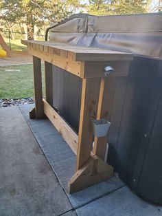 an outdoor bbq grill built into the side of a house with a cover over it