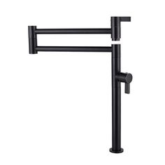 a black wall mounted faucet with two arms and one arm extended to the side