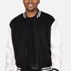 Varsity Blend Jacket Stun in this wool blend varsity jacket Color(s): black & white Size: S - 2XL Material: 13.5 oz., 50% polyester, 29% acrylic, 18% wool, 3% other Style: unisex letterman varsity jacket Knitted collar, cuffs, and waistband with striped details Side pockets Zipper Matric Jackets, Black And White Varsity Jacket, Video Mood, Varsity Letterman Jackets, Knitted Collar, Wool Blend Jacket, Letterman Jacket, Stay Warm, Music Video