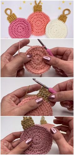 crochet christmas ornament is shown in three different colors, including pink and white