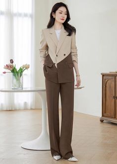 women formal pantsuit Pockets Pants, Elegant Sets, Pants Suit, Feminine Silhouette, Breasted Blazer, Wide Pants, Double Breasted Blazer, Dress Pant, Pocket Pants