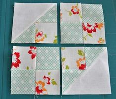 four square pieces of fabric laid out on top of each other, with flowers in them