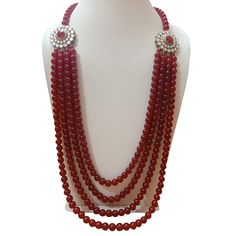 Four layered red pearls necklace for sherwani Traditional Red Beaded Pearl Necklace, Red Round Beads Pearl Necklace For Wedding, Red Pearl Necklace For Wedding, Red Pearl Necklace With Round Beads For Wedding, Traditional Red Pearl Necklace For Festive Occasions, Festive Red Pearl Necklace, Festive Red Pearl Necklace With Round Beads, Elegant Red Mala, Elegant Red Mala For Festive Occasions