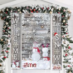 a snowman is standing in front of a window with christmas decorations on the windowsill