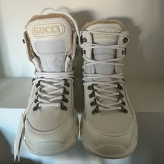 White New. Never Worn. Authentic. Stylish. Aspen Approved. Snow Bunny Approved. Get Cute. Reasonable Offers Only. Don’t Bother With Lowballing. Instant Decline Luxury White Winter Boots, Designer High-top Winter Boots, Designer Gucci Boots With Branded Insole, Gucci Leather Boots For Winter, Luxury High-top Boots With Branded Heel Counter, Gucci Luxury Boots, Elegant Gucci Boots For Winter, White Luxury Calf Leather Boots, Luxury White Calf Leather Boots