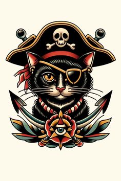 a cat wearing a pirate hat and eye glasses with an anchor on it's chest