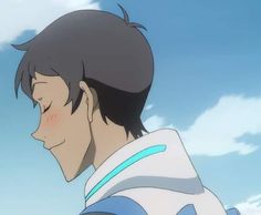 an anime character with his eyes closed looking at something in the sky behind him, he is wearing a blue and white shirt