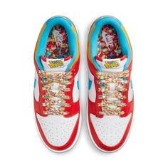 Introducing the Nike Dunk Low QS Fruity Pebbles! This one-of-a-kind sneaker combines sleek style with dynamic color, making it a must-have for any men's summer wardrobe. Its striking Habanero Red mixed with Laser Blue and White colorway gives the shoe a unique look that stands out from the crowd. The smooth white leather base is complemented by habanero red overlays, while an eye-catching laser blue and side Swoosh add character and pizzazz to this already stylish shoe. For even more personality, the tongue features woven Fruity Pebble tags, while the heel tab is embroidered with LeBron’s LJ logo. Inside, you'll find a Nike-branded sock liner with a colorful Fruity Pebble graphic print. Finally, an alluring milky translucent rubber outsole provides plenty of traction and grip. Step up your Most Popular Nike Shoes, Lebron 4, Popular Nike Shoes, Fruity Pebble, Jordan 11 Women, Fruity Pebbles, Adidas Spezial, Nike Air Jordans, Sneaker Release