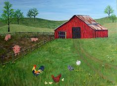 a painting of chickens and roosters in the grass near a barn with a red roof