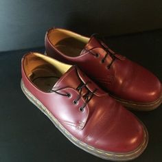 These sturdy and well made black Air wear leather shoes are in great condition. Soles and insoles barely worn. Beautiful shiny red leather. Made in England with oil and slip resistant soles. Light vintage wear, no major defects. Size 5. Low-top Leather Boots With Red Sole, Burgundy Leather Shoes With Round Toe, Burgundy Leather Shoes With Branded Insole And Round Toe, Burgundy Leather Shoes With Round Toe And Branded Insole, Mens Biker Boots, Shoes Low Top, Punk Shoes, Mens Cowboy, Leather High Heels