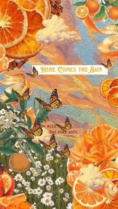 there is a painting with oranges and butterflies on it