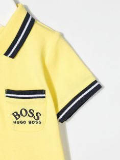 Yellow cotton-blend stripe trim polo shirt from BOSS Kidswear featuring stretch-design, ribbed detailing, embroidered logo at the chest, stripe trim, polo collar, front button fastening and short sleeves. | Boss Kidswear Stripe Trim Polo Shirt Polo Collar, Hugo Boss, Quarter Zip, Boy Outfits, Polo Shirt, Cotton Blend, Athletic Jacket, Short Sleeves, Trim