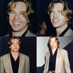 four different pictures of a man in a suit and black shirt smiling at the camera