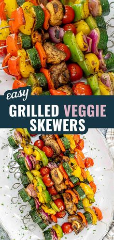 grilled veggie skewers are piled on top of each other and ready to be eaten