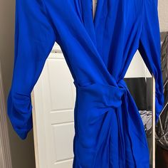 Nwt Blue Blazer Dress Shoulder Pads. Wrap Style With Tie At Waist For Adjustable Wear And Sizes. Royal Blue Mini Dress For Spring, Dressy Long Sleeve Blue Dress, Blue Long Sleeve Dressy Dress, Dressy Blue Long Sleeve Dress, Royal Blue Mini Dress For Date Night In Spring, Blue Long Sleeve Mini Dress For Work, Blue Mini Dress For Spring Formal, Blue Long Sleeve Dress For Date Night, Blue Formal Mini Dress For Spring