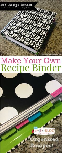 the recipe binder is made with polka dots and green trimmings on it