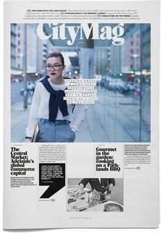 the front page of city mag, featuring a woman with glasses and a scarf on