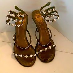 Excellent Condition Vines With Heel Tip Replacements Duster /Box .On Upper Strap Has One Flower Missing On Each Shoe Not Visible. Rene Caovilla Green, Rene Caovilla Sandals, Rene Caovilla Flower Heels, Luxury Floral Embellished Summer Heels, Rene Caovilla Chandelier Heels, Caovilla Shoes, Rene Caovilla Shoes, Flower Sandals, One Flower