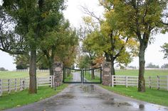 an open gated driveway leading to a lush green field with trees on both sides