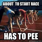 there are many people doing push ups on the race track with caption that reads, about to start race has to pee