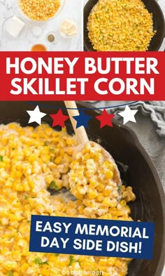 a skillet filled with homemade buttered corn and topped with an easy side dish