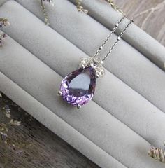 Genuine Teardrop Purple Amethyst Deco Necklace- OOAK Natural Vintage Amethyst Faceted Pear Necklace- Purple Necklaces With Accent Stones For Gift, Teardrop Amethyst For Jewelry Making, Amethyst Necklace With Accent Stones For Gift, Purple Necklaces With Accent Stones For Anniversary, Teardrop Amethyst Stone Jewelry, Purple Amethyst Jeweled Necklaces, Purple Teardrop Gemstones For Gift, Purple Teardrop Necklace For Wedding, Teardrop Lavender Gemstone Jewelry