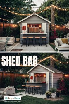 two pictures of a shed bar with lights hanging from the roof, and an outdoor seating area