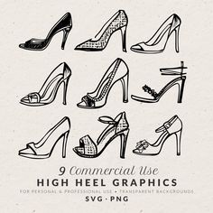 nine high heel graphics are shown in black and white, with the words 9 commercial use