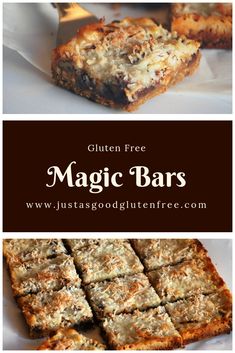 some food that is sitting on top of a white plate with the words, gluten free magic bars