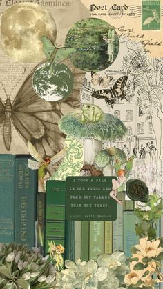 a collage of books, plants and butterflies on top of each other with the moon in the background