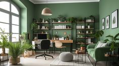 a living room with green walls and plants on the shelves in front of the window