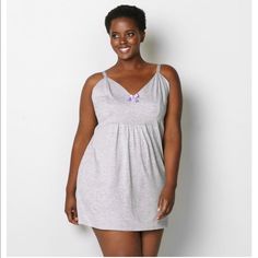 Get Comfortable In This Chemise From Our Sexy Nights Collection Featuring A Flattering Sweetheart Neckline With An Empire Waist. Plus Size Chemise. Adjustable Tank Straps. Grey. Cotton/Rayon. Machine Wash. Imported. Approx. 33 Inches Long. Purple V-neck Sleepwear For Bedtime, Purple Summer Nightgown For Loungewear, Purple Camisole Sleepwear For Bedtime, Purple Camisole Loungewear, Purple Camisole For Sleepover, Purple Camisole Sleepwear, Purple Camisole Sleepwear For Loungewear, Purple Camisole For Daywear, V-neck Sleepwear With Built-in Bra For Lounging