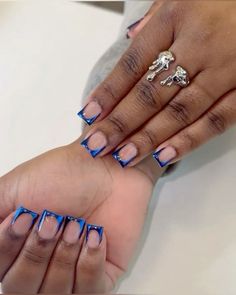 Royal Blue Nails Square Short, Black And Blue Short Nails, Black French Tip Nail, Blue French Tip Nails, Black French Tip, French Tip Nail Art, Blue French Tips, Hard Nails