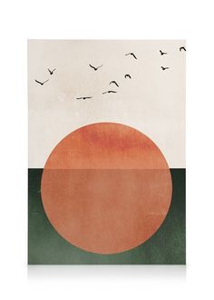 an orange circle with birds flying over it in front of a white sky and green field