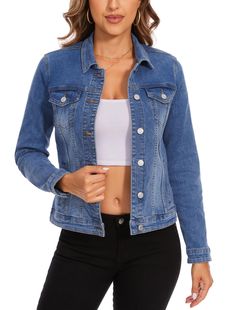 PRICES MAY VARY. ✔✔✔This jacket is made of stretch denim to accommodate womanly curves,with a slightly tapered waist and well-placed seams that enhance the overall fit. It hugs the body in all the right places, creating a sleek and polished look. ✔✔✔The pockets are generously sized - 8" x 4" quilting ruler sitting inside the interior pocket. The exterior hand pockets are large enough to hold a cellphone, and the two buttoned breast pockets provide additional space for credit cards or other small Slim Fit Single Breasted Outerwear For Spring, Denim Blue Single Breasted Denim Jacket, Trendy Stretch Button-up Outerwear, Fitted Denim Jacket In Medium Wash, Fall Stretch Denim Jacket With Pockets, Casual Stretch Button-up Outerwear, Medium Wash Stretch Denim Jacket With Long Sleeves, Fitted Denim Vest With Buttons For Fall, Winter Stretch Denim Jacket With Pockets