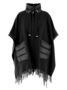 Poncho black pure wool and cashmere yarns, oversized fit, padded details with striped quilting, high collar with press studs and drawstring, patch pockets, fringing at the bottom,metal Herno logo on the back, unlinedComposition: 90% Wool, 10% Cashmere Herno Woman, Herno Jacket, Black Pure, Cashmere Yarn, Pleats Please Issey Miyake, Saint Laurent Shoes, Press Studs, Best Brand, High Collar