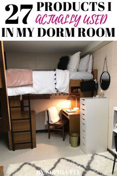 there are two bunk beds in this dorm room with the words, 27 products actually used in my dorm room