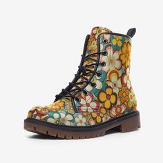 Extremely comfortable custom lightweight leather boots with my retro floral design. These are an awesome gift for anyone nostalgic about the 60s and 70s! .:Rubber sole .:Padded collar for added comfort .:Lace-up front .:Wide Fit .:Faux Leather .:Sizes 3-12 US Mens & 4.5 - 14 US Womens I Can Ship Worldwide! ** Please allow 1-3 weeks for delivery  Note that sizes listed are in US Men & Women's sizes (see pictures for size chart & conversion chart for EU and UK sizes). Best way to determine proper Retro Leather Ankle Lace-up Boots, Leather Boots With Floral Print And Round Toe, Retro Leather Combat Boots With Round Toe, Retro Leather Moto Boots With Round Toe, Retro Leather Combat Boots For Fall, Retro Lace-up Spring Boots, Retro Lace-up Boots For Spring, Retro Boots With Rubber Sole And Round Toe, Multicolor Floral Print Boots With Round Toe