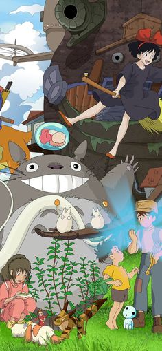 an animated scene with people and animals in the background